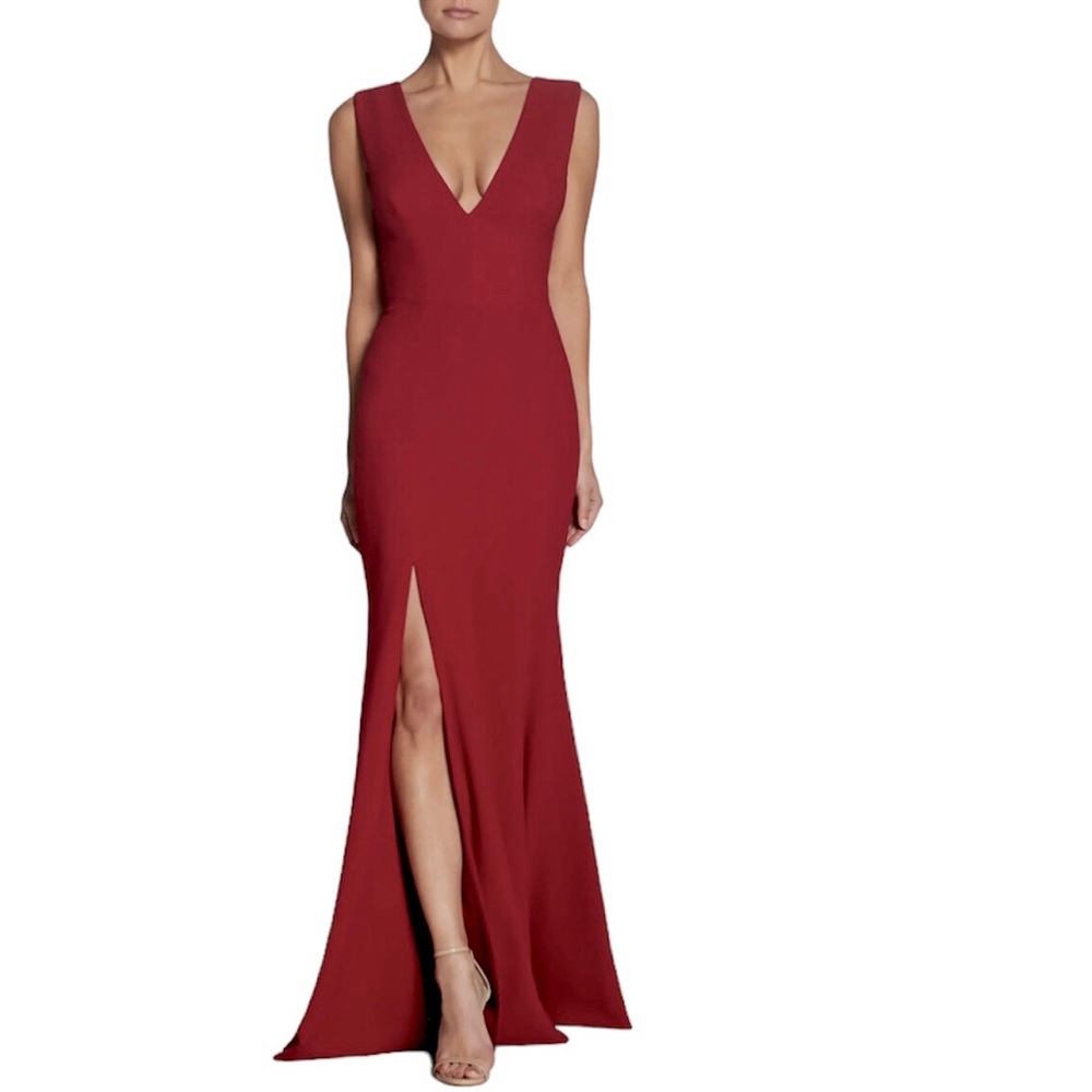 Dress the Population Red V-Neck Maxi Dress with Front Slit